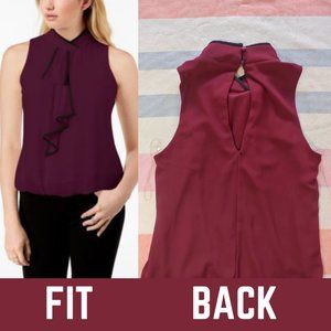 BCX Piped Ascot Bubble Blouse Maroon and Black
